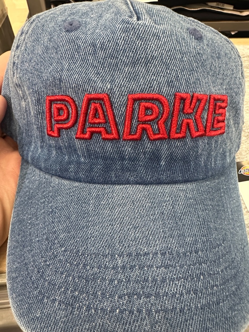 PARKE NWT Denim Blue Baseball Cap with Red 'PARKE' Embroidery